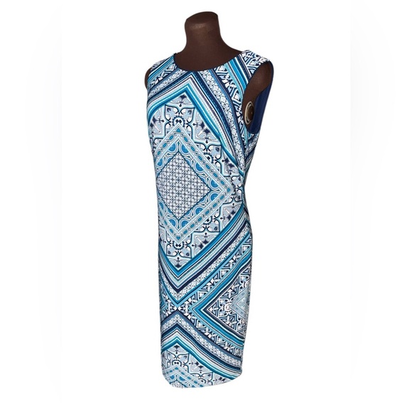 WHITE HOUSE BLACK MARKET Blue White Diamond Print Body Con Pencil Dress Size Med - Picture 5 of 6